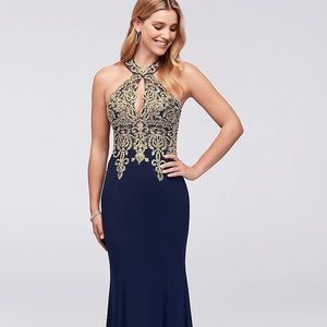 Metallic Lace and Jersey Round Neck Halter Gown